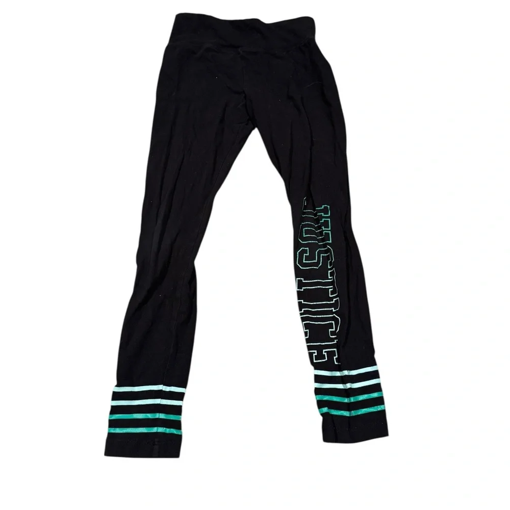 Justice Black Leggings with Teal Stripe & Logo Size 8